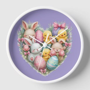 Cute Easter Bunnies and Chicks Pastel Cottagecore Clock