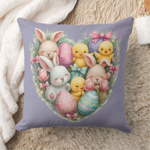 Cute Easter Bunnies and Chicks Pastel Cottagecore Cushion