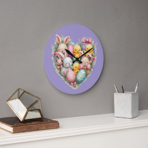 Cute Easter Bunnies and Chicks Pastel Cottagecore Large Clock