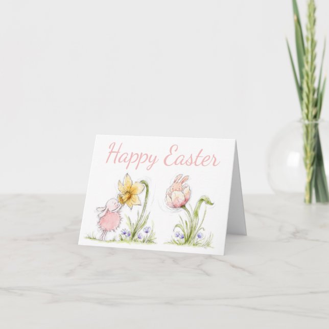 Cute Easter Bunnies and Daffodil Art Card (Front)
