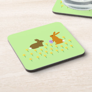 Cute Easter Bunnies and Daffodils Beverage Coaster