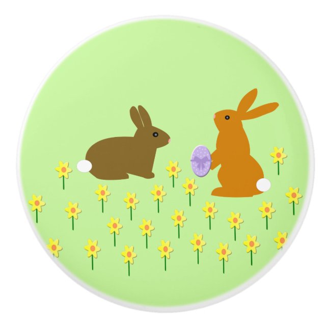Cute Easter Bunnies and Daffodils Ceramic Knob (Front)