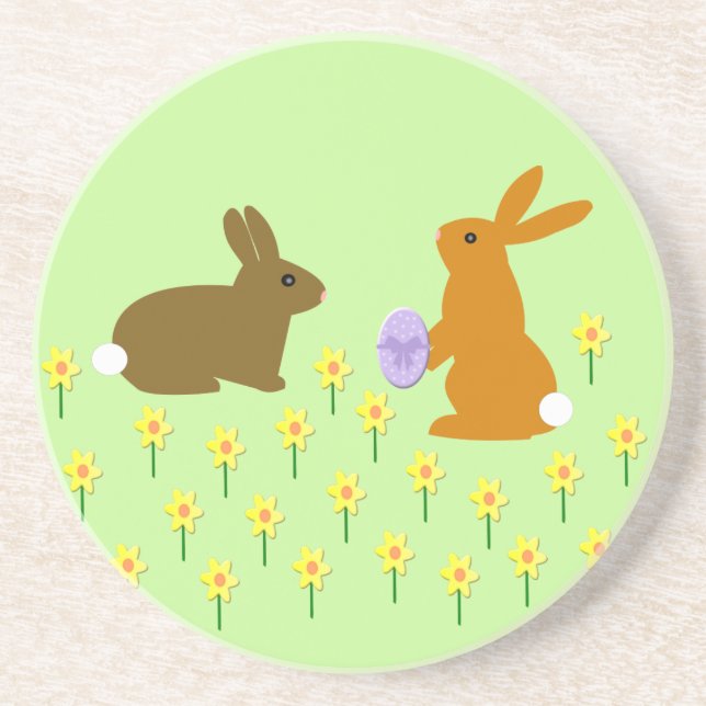 Cute Easter Bunnies and Daffodils Coaster (Front)