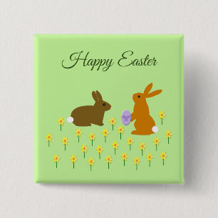 Cute Easter Bunnies and Daffodils Custom Button