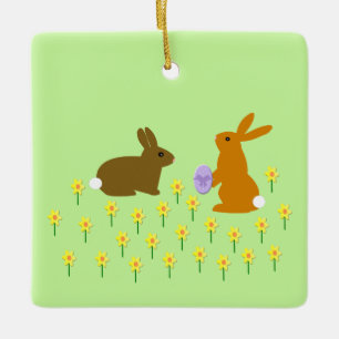 Cute Easter Bunnies and Daffodils Custom Ceramic O Ornament