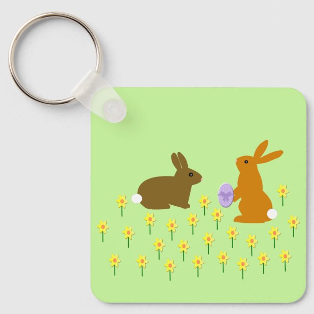 Cute Easter Bunnies and Daffodils Custom Key Ring (Front)