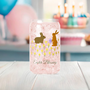 Cute Easter Bunnies and Daffodils Custom Message Can Glass