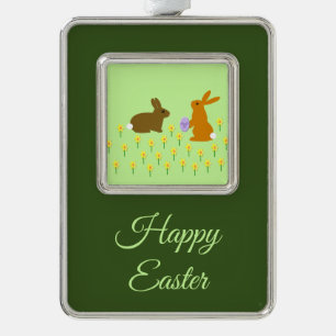 Cute Easter Bunnies and Daffodils Custom Silver Plated Framed Ornament