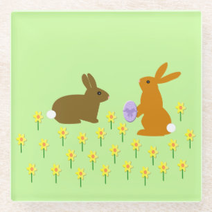 Cute Easter Bunnies and Daffodils Glass Coaster