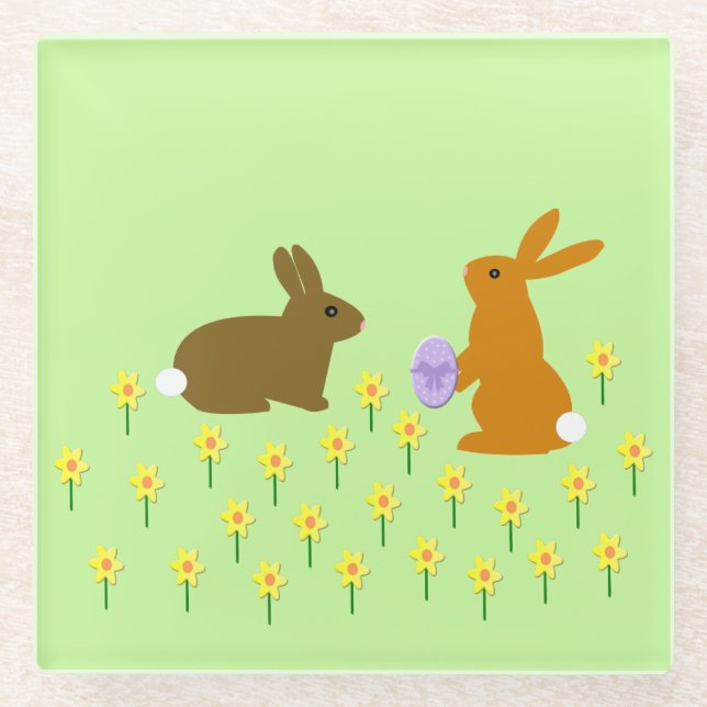 Cute Easter Bunnies and Daffodils Glass Coaster (Front)