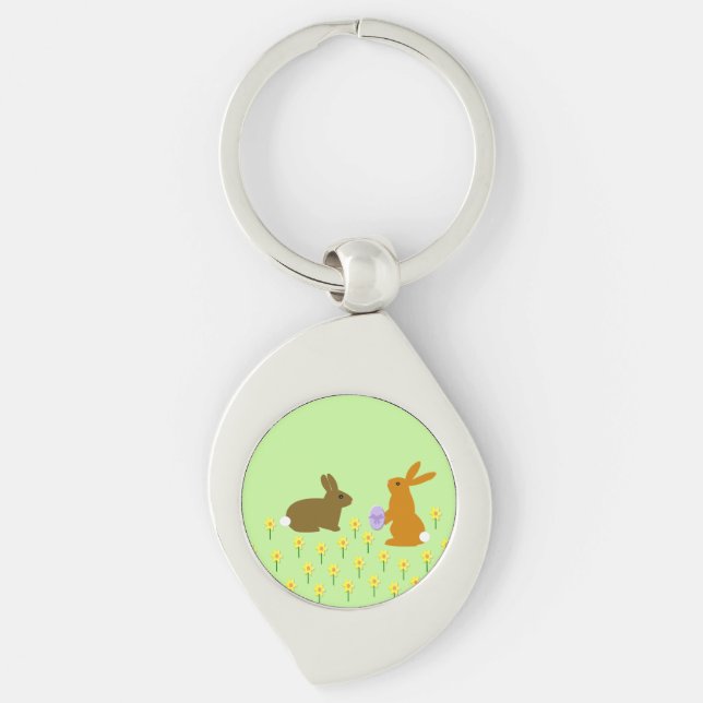 Cute Easter Bunnies and Daffodils Key Ring (Front)
