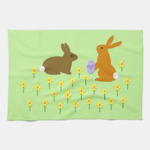 Cute Easter Bunnies and Daffodils Kitchen Towel