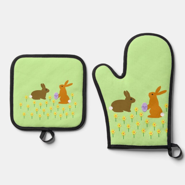 Cute Easter Bunnies and Daffodils Oven Mitt & Pot Holder Set (Front)