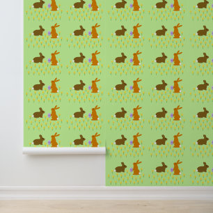 Cute Easter Bunnies and Daffodils Patterned Wallpaper