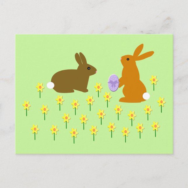 Cute Easter Bunnies and Daffodils Postcard (Front)