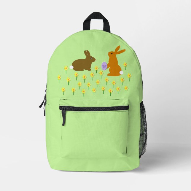 Cute Easter Bunnies and Daffodils Printed Backpack (Front)