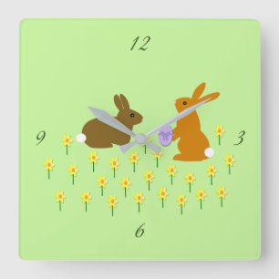 Cute Easter Bunnies and Daffodils Square Wall Cloc Clock