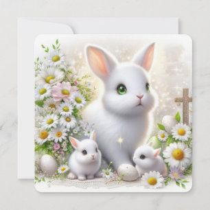 Cute Easter Bunnies and Daisies with a Cross Holiday Card