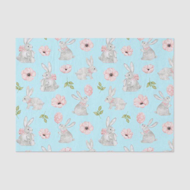 Cute Easter Bunnies and Spring Flowers Blue  Tissue Paper (Front)