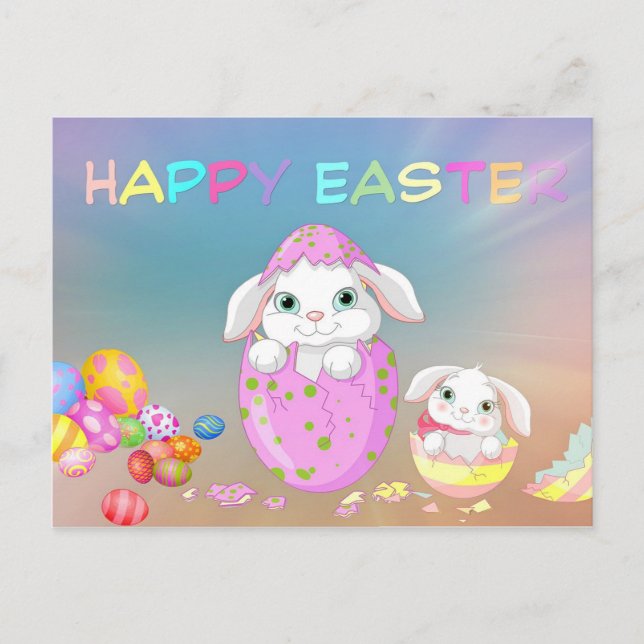 Cute Easter Bunnies,Colourful Easter Eggs,Easter Postcard (Front)
