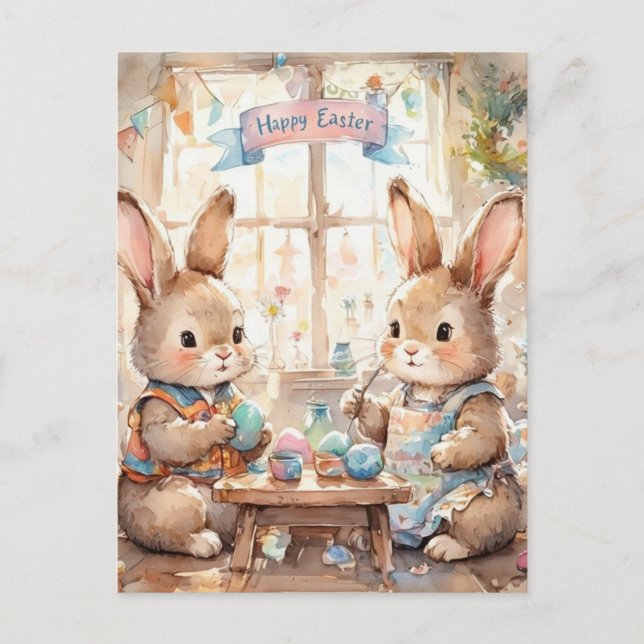 Cute Easter Bunnies Colouring Eggs  Holiday Postcard (Front)
