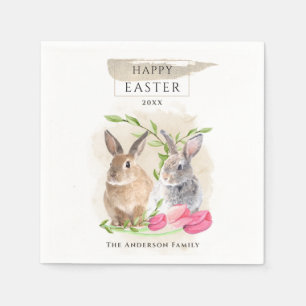 Cute Easter Bunnies   Happy Easter Watercolor Art Napkin