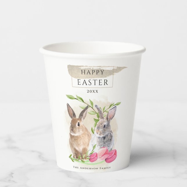 Cute Easter Bunnies | Happy Easter Watercolor Art Paper Cups (Front)
