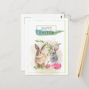Cute Easter Bunnies   Happy Easter Watercolor Art Postcard