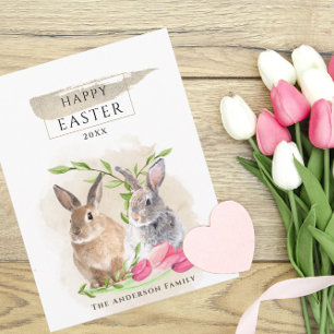 Cute Easter Bunnies   Happy Easter Watercolor Art Postcard