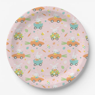 Cute Easter bunnies in carrot and egg cars pink Paper Plate