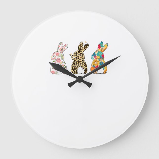 Cute Easter Bunnies Leopard Bunny and Flower Bunni Large Clock (Front)