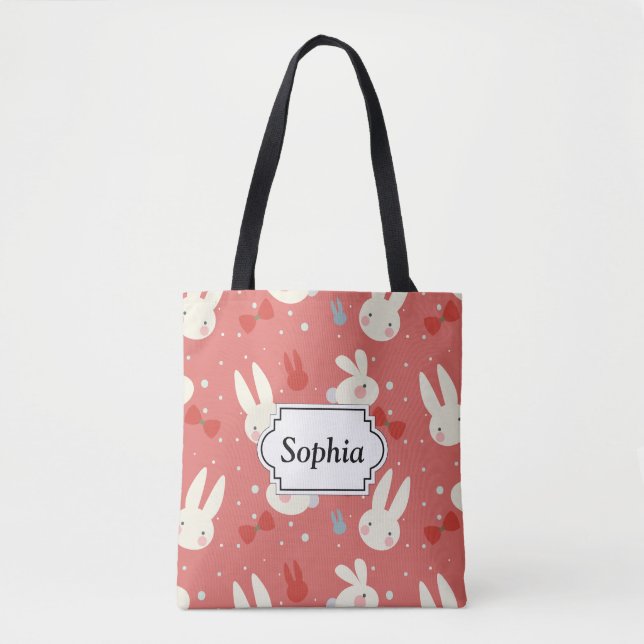 Cute easter bunnies on red background pattern tote bag (Front)