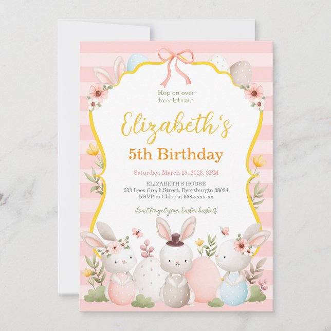 Cute Easter Bunnies Pink Birthday Invitation (Front)
