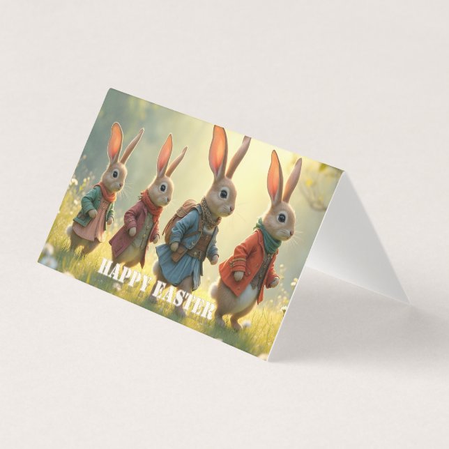 Cute Easter Bunnies Walking in Spring Meadow (Front)