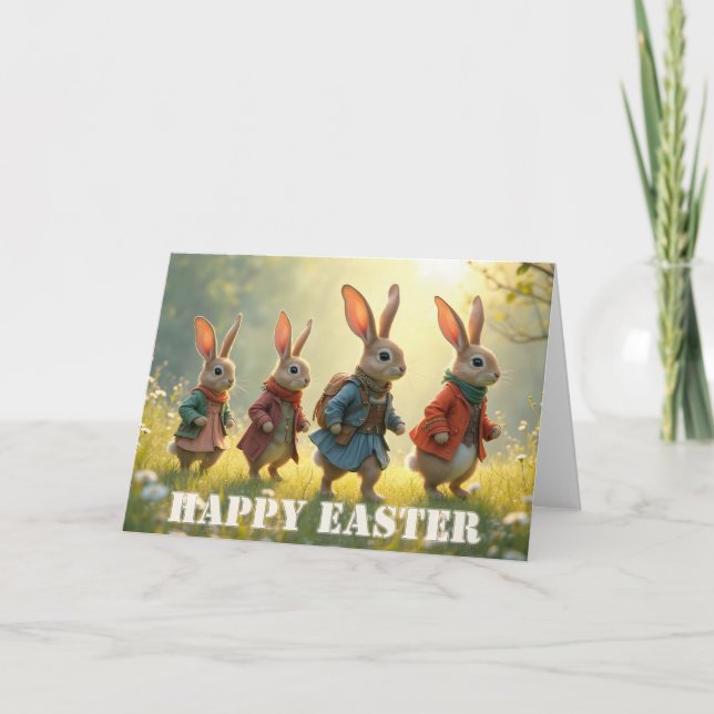 Cute Easter Bunnies Walking in Spring Meadow Card (Front)