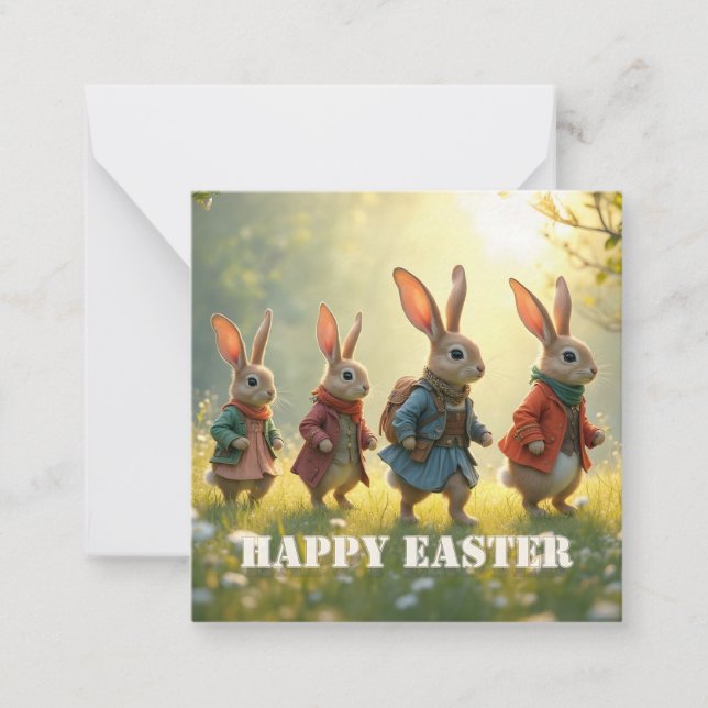 Cute Easter Bunnies Walking in Spring Meadow Card (Front)