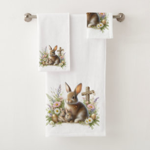 Cute Easter Bunnies, Wildflowers and a Cross Bath Towel Set