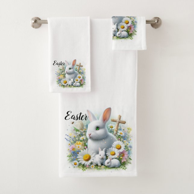 Cute Easter Bunnies, Wildflowers and a Cross  Bath Towel Set (Insitu)