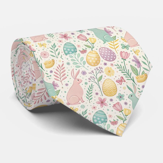 Cute Easter Bunnies with Pastel Eggs and Ferns Tie (Rolled)