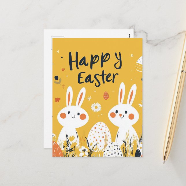 Cute Easter Bunnies Yellow Postcard (Front/Back In Situ)