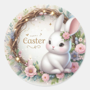 Cute Easter Bunny and a Floral Wreath Classic Round Sticker