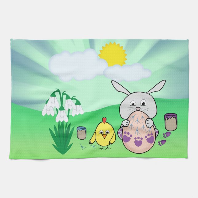 Cute Easter Bunny and chick Colouring Easter Egg Tea Towel (Horizontal)