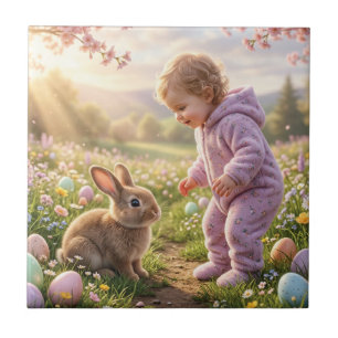 Cute Easter Bunny and Child Ceramic Tile