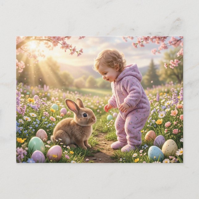 Cute Easter Bunny and Child Postcard (Front)