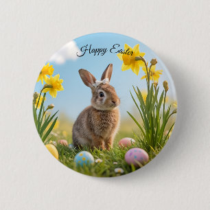 Cute Easter Bunny and Daffodil 6 Cm Round Badge