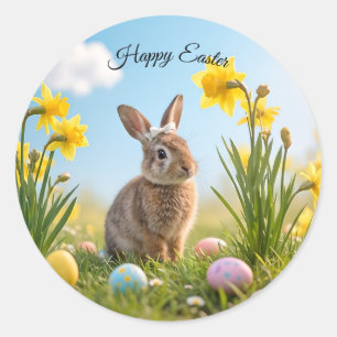 Cute Easter Bunny and Daffodil  Classic Round Sticker
