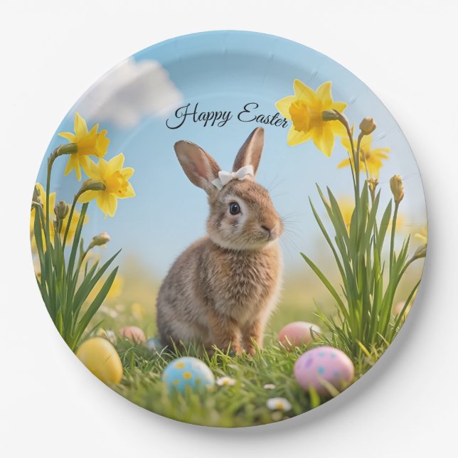 Cute Easter Bunny and Daffodil  Paper Plate (Front)