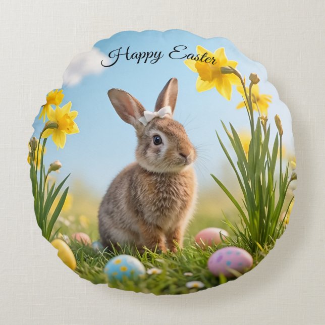 Cute Easter Bunny and Daffodil  Round Cushion (Front)