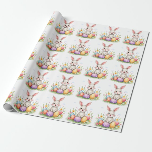 Cute Easter Bunny And Eggs Modern Collection Wrapping Paper (Unrolled)