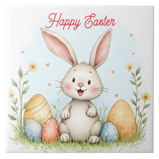 Cute Easter Bunny And Eggs Trendy Collection Ceramic Tile (Front)